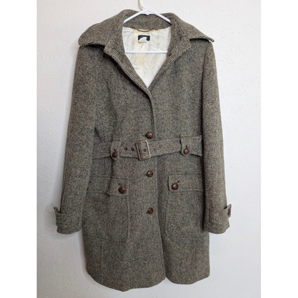 J.Crew Womens Wool Tweed Blazer Large Brown Herringbone Preppy Hooded Belted